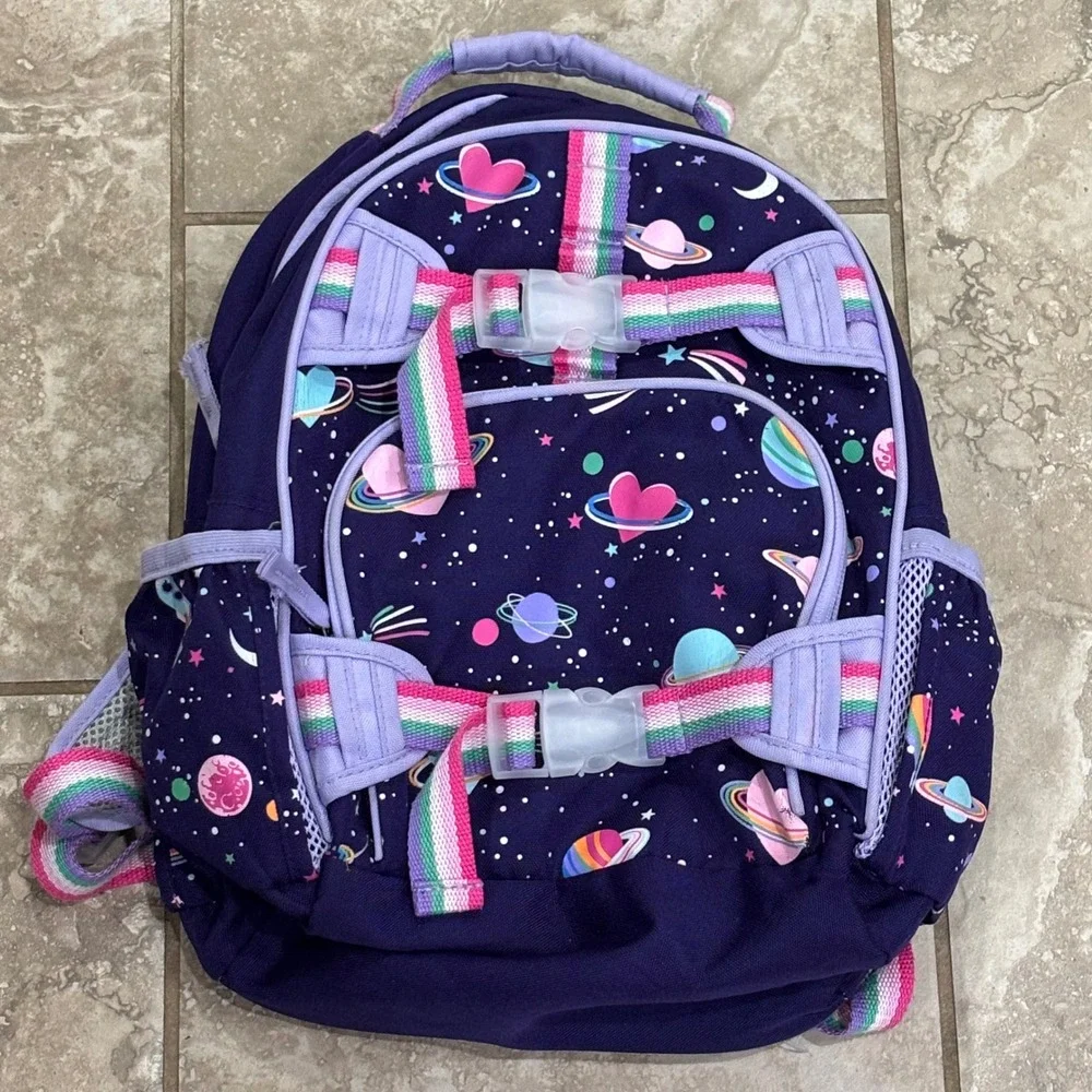 Pottery Barn Kids Galaxy Heart Backpack Purple Rainbow Straps 15 Inch